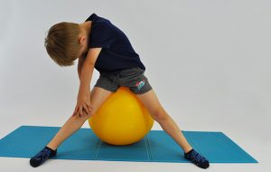dziecko siedząc na dużej piłce w siadzie rozkrocznym wykonuje skłon w kierunku stopy, wytrzymuje 10-15 sekund i wraca do pozycji wyjściowej